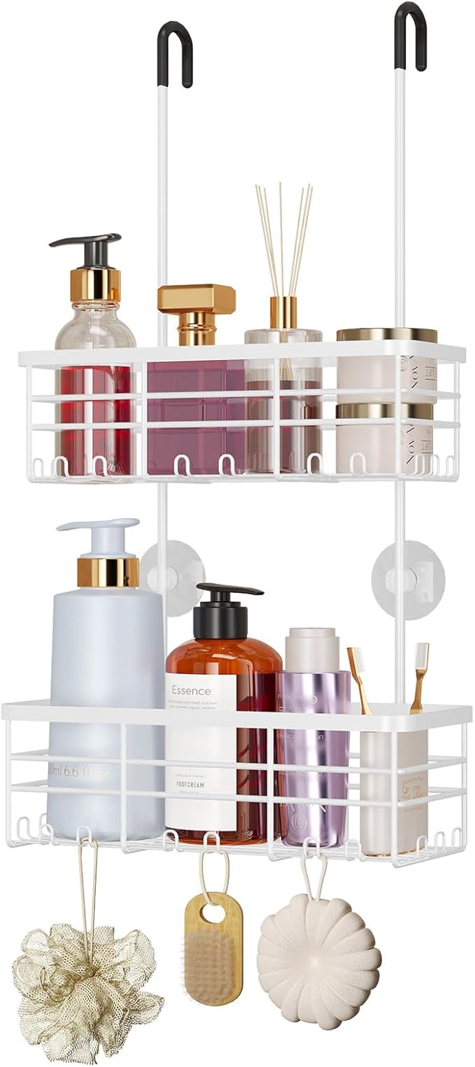 HapiRm Hanging Shower Caddy Organizer - No Drilling Shower Organizer with Hooks, Rustproof & Waterproof 304 Stainless Steel Bathroom Shelves - White