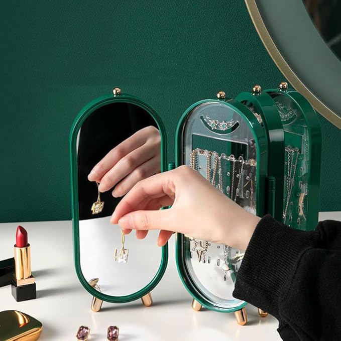 Foldable Jewelry Organizer with 153 Holes for Earrings, Mirror, and Elegant Gift Box - Perfect for Girls and Women (Green)