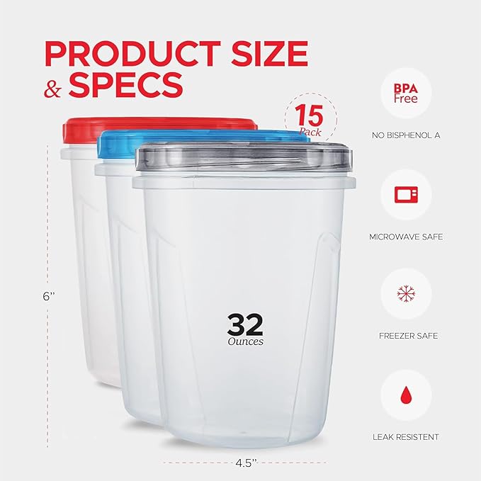 Tafura 15 Pack Leakproof Freezer Containers for Food with Twist Top Lids - 32 Oz BPA Free - Black/Blue/Red Lids