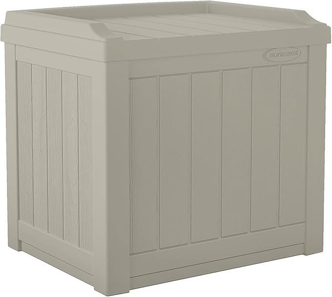 Suncast Outdoor Storage Box - 22 Gallon Light Taupe Resin Outdoor Deck Box with Seat, Weatherproof Patio Storage Bin Container for Keeping Cushions, Tools & Towels for Pool, Yard, & Garden