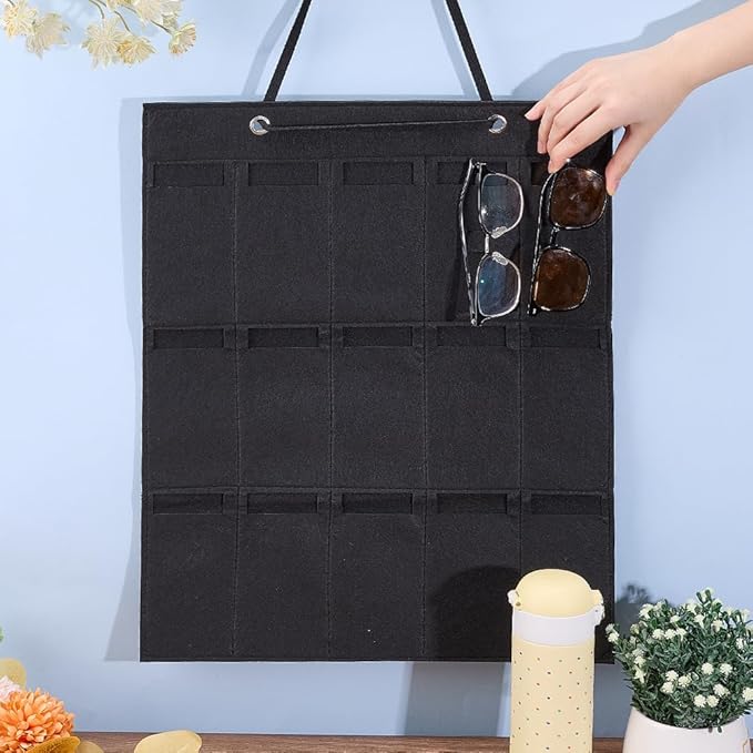CREATCABIN Wall Hanging Sunglasses Bag Black Wall Mounted Dust Proof Sunglasses Storage Bag Protable Foldable Jewelry Organizer with 15 Slots for Makeup Room Bussiness Travel Carrying 5.7x3in