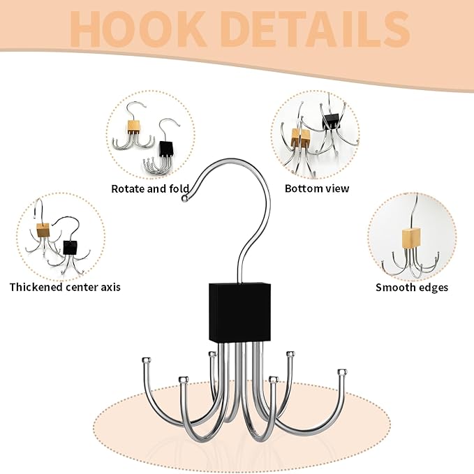 2pcs 360° Rotating 6-Claw Multi-Function Hook Closet Hanging Organizer Hangers for Clothes Hats Scarves Belts, Stainless Steel Rotary Hook Hanger for Kitchen Bathroom Office Home Storage Rack (Black)