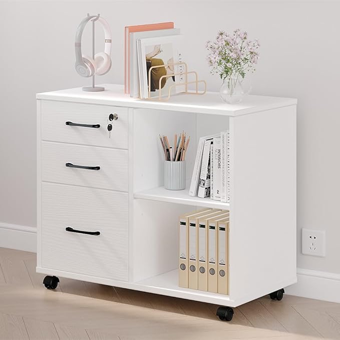 Panana 3 Drawer Office File Cabinets, Mobile Lateral Printer Stand with Open Storage Shelf, Rolling Filing Cabinet with Wheels Home Office Organization and Storage (White)