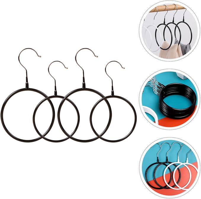 4pcs Black Plastic Coated Metal Round Scarf Hanger Rings, Multi-Functional Tie Rack Organizer for Closet, Scarf Storage and Belt Holder, Small Large Size Clothes Accessory