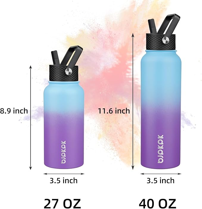 BJPKPK Insulated Water Bottles with Straw Lid, 40oz Stainless Steel Water Bottles with 3 Lids, BPA Free Leakproof Thermo, Tumblers, Cups for Sports, Gym- Ocean Dream