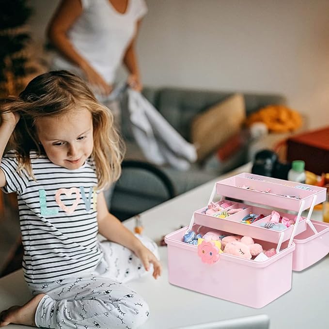 Kids Multi Layer Hair Accessories Organizer Storage Box with Stickers, Lids, and Handle - Plastic Hair Tie Holder for Toddler Girls