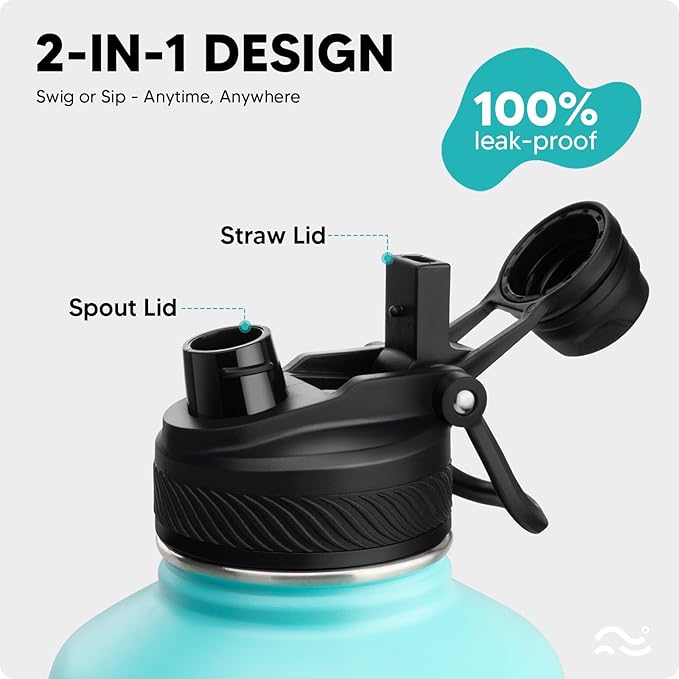 [2-IN-1 LID] 64 oz Insulated Water Bottle with Silicone Boot (48hrs Cold/24hrs Hot) - DIY Stickers, Leakproof, BPA Free, Half Gallon