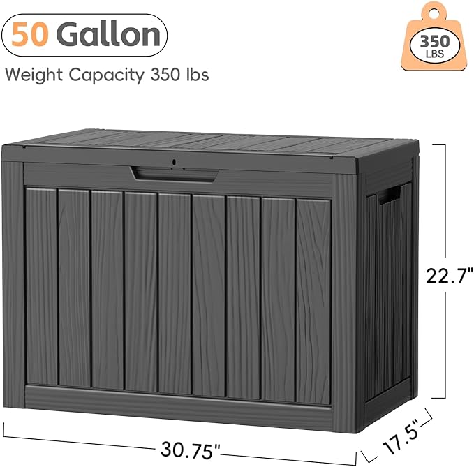 Outdoor Storage Box, 50 Gallon Deck Box Waterproof, Resin Patio Storage Bin for Package Delivery, Patio Furniture Cushion, Garden Tools, Pool Accessories, Weatherproof, Black
