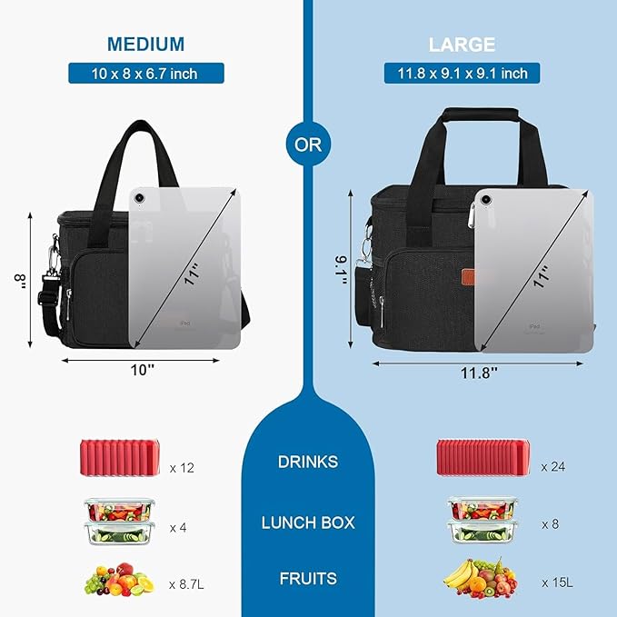 Femuar Lunch Bags for Women/Men, Insulated Lunch Bag for Work Office Picnic - Large Lunch Cooler Bag Leakproof Lunch Box with Adjustable Shoulder Strap for Adults - Black(15L)