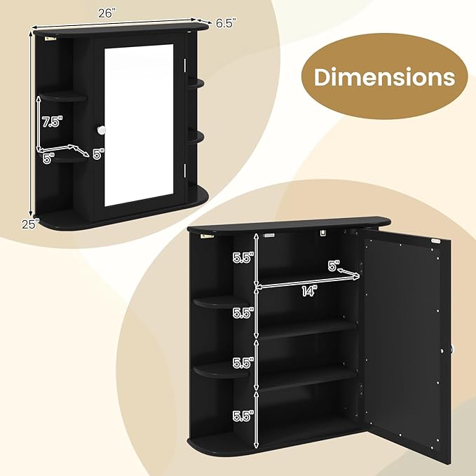 Tangkula Bathroom Medicine Cabinet with Mirror, Modern Wall Mounted Space-Saving Storage Organizer with Mirrored Door, 4 Internal Shelves & 6 Open Side Shelves, Bathroom Wall Cabinet (Black)