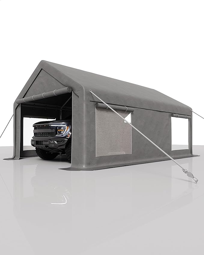 GarveeLife 10x20 ft Portable Garage, Car Port with 200 g PE Tarp Cover, with Front & Rear Roll-Up Doors and 4 Windows, for Temporary Paint Booth, Boats&Pickups Shed, and Event Shelter, Gray