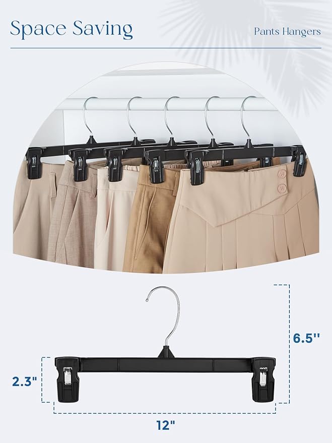 Smartor Space Saving Skirt Hangers - 150 Pack, Slim Plastic Pants and Shorts Hangers, Ridged Non-Slip with Pinch Clips, Black Clip Hanger for Women, 360-Rotating Chrome Swivel Hook, 12 Inches