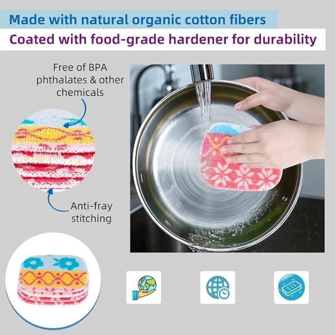 Amarelle GEN II Reusable Dish Scrubbers (10-Pack), Dual-Sided Heavy Duty Scouring Pads, Odor-Free & Machine Washable | Kitchen Scrub Cloth | Nano-Crystal Enhanced Technology (Nordic Folk)