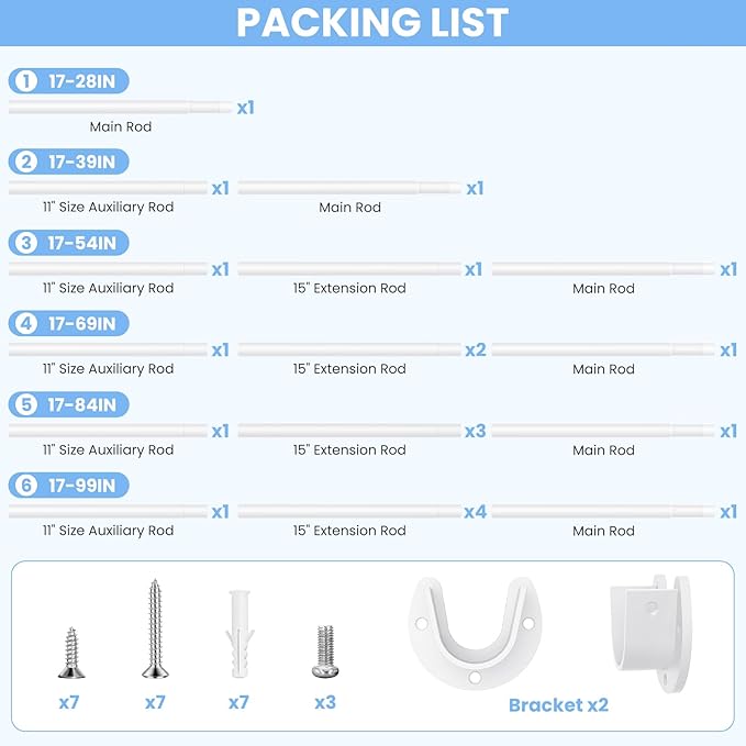 Closet Rods for Hanging Clothes, 17 to 28 Inch Heavy Duty Stepless Adjustable Closet Hanging Rod, 1.3 Inch Diameter Metal Closet Rod for Wardrobes Laundry Bedroom RV, White