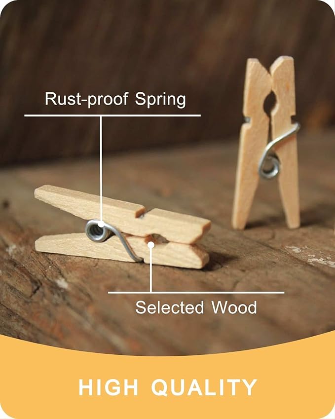 Mini Clothes Pins for Photo, Natural Small Wooden Clothespins 1 Inch Tiny Wood Decorative Clips Bulk, 33FT Jute Twine and Clothespins for Crafts Photos Pictures Baby Shower Game Classroom, 200 PCS