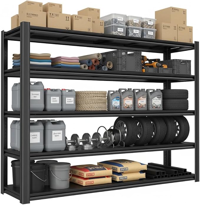 Industrial Storage Rack,Heavy-Duty Steel Shelving Unit,Multi-Purpose Garage Organization System Black 72" H x 62" W x 23.5" D 5-Tier