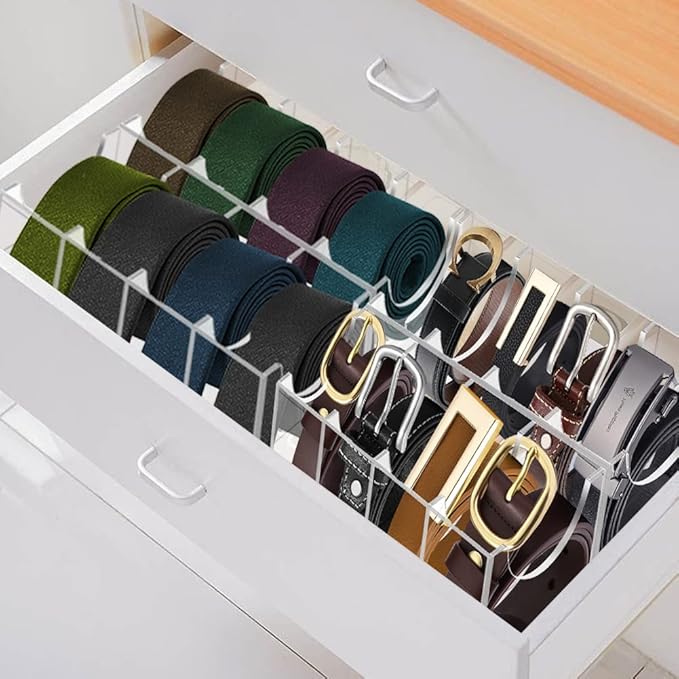 Acrylic 8 Compartment Belt Organizer - Clear Display Case for Closet Tie, Bow Tie, Watch, Jewelry, Bracelets, Ring