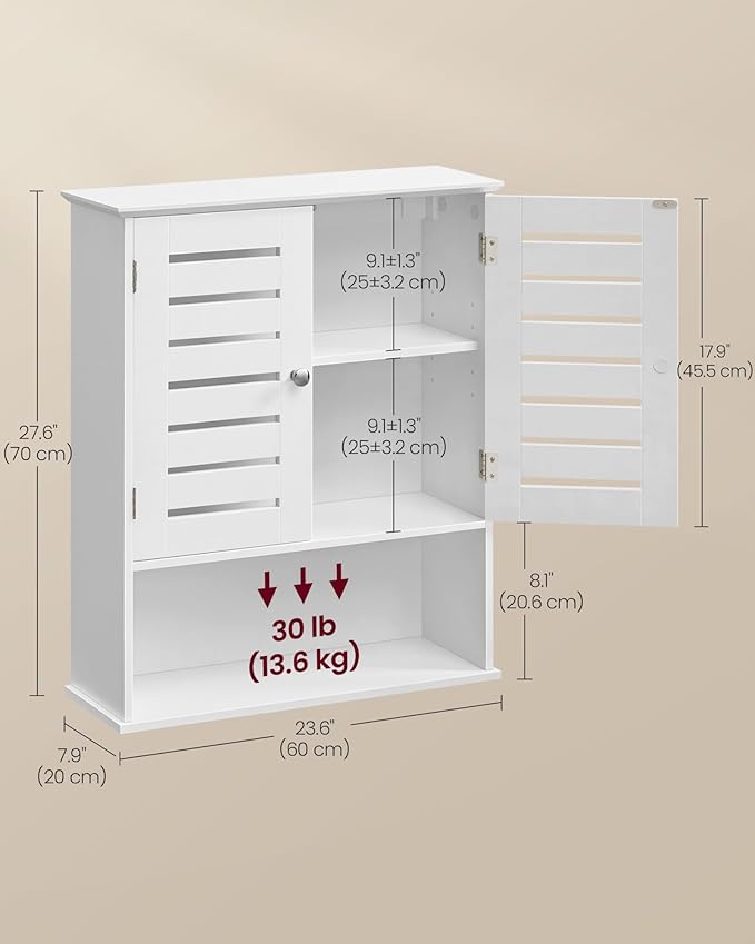 VASAGLE Bathroom Wall Cabinet, Medicine Cabinet, Wall-Mounted Bathroom Storage Cabinet, with Adjustable Shelf, Double Slat Doors and Open Shelf, 7.9 x 23.6 x 27.6 Inches, Cloud White UBBK028W01