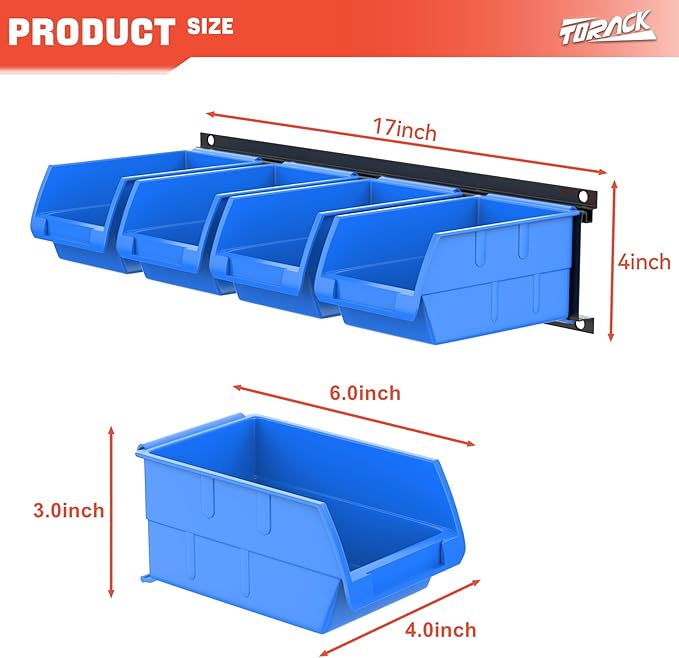TORACK Wall-Mounted Storage Bins, 16 Plastic Bins for Tools Organization in Garage, Craft Room, and Shop(4-Pack, Blue)