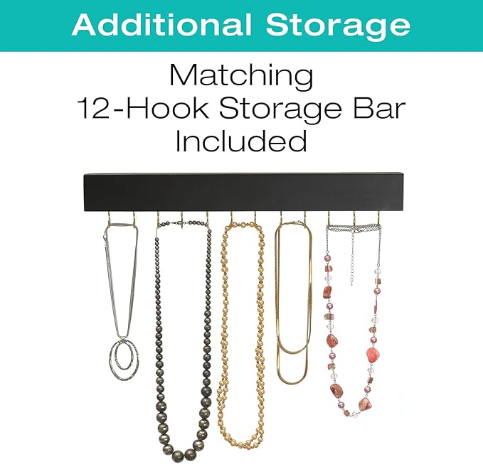 Wall Mounted Jewelry Organizer with Herringbone Wood Pattern. Jewelry holder for Necklaces, Earings, Bracelets, Ring Holder, and Accessories. Includes hooks for hanging jewelry - Black & Brown