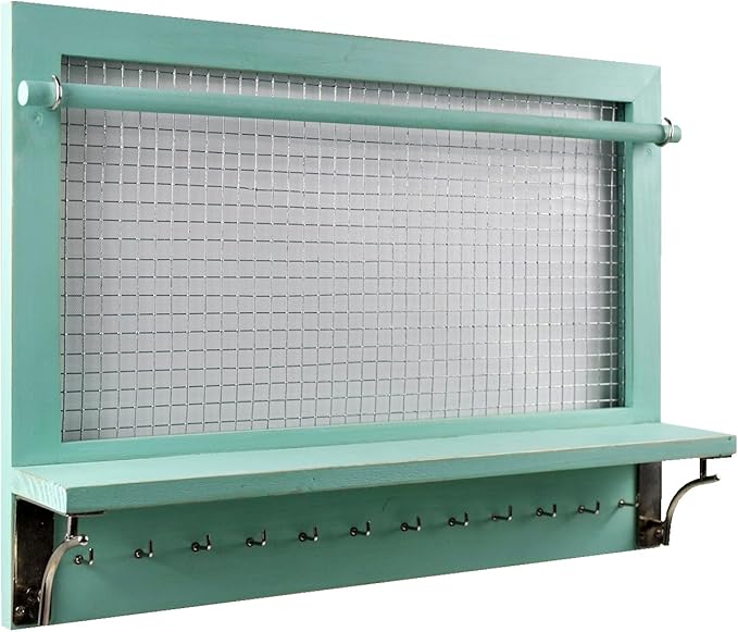 Wall Mount Jewelry Organizer with Shelf, Removable Rod, Hooks, Turquoise, 16.75 x 12 x 3 Inches, Earrings Necklaces Bracelets Rings Display Storage
