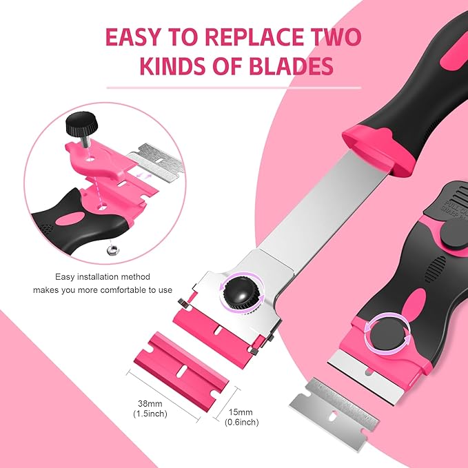 3 Pack Razor Blade Scraper Set, Includes 30 Plastic & 30 Metal Blades, Multi-Purpose Tool for Glass, Cooktop, Sticker Removal, Paint & Gum Cleaning (Pink)