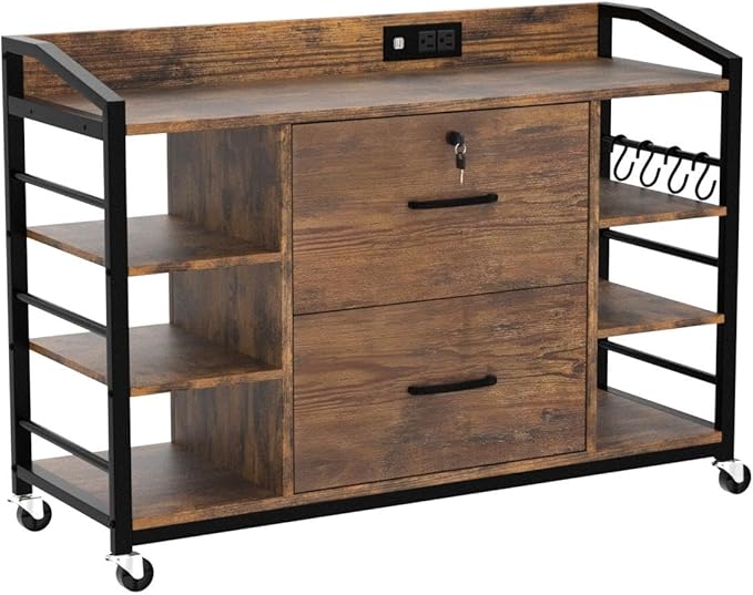 SEDETA 44" File Cabinet, Filing Cabinet fits Legal/Letter Size, 2 Drawer File Cabinets for Home Office with Lock, Power Strip, 6 Storage Shelves, Rustic Brown