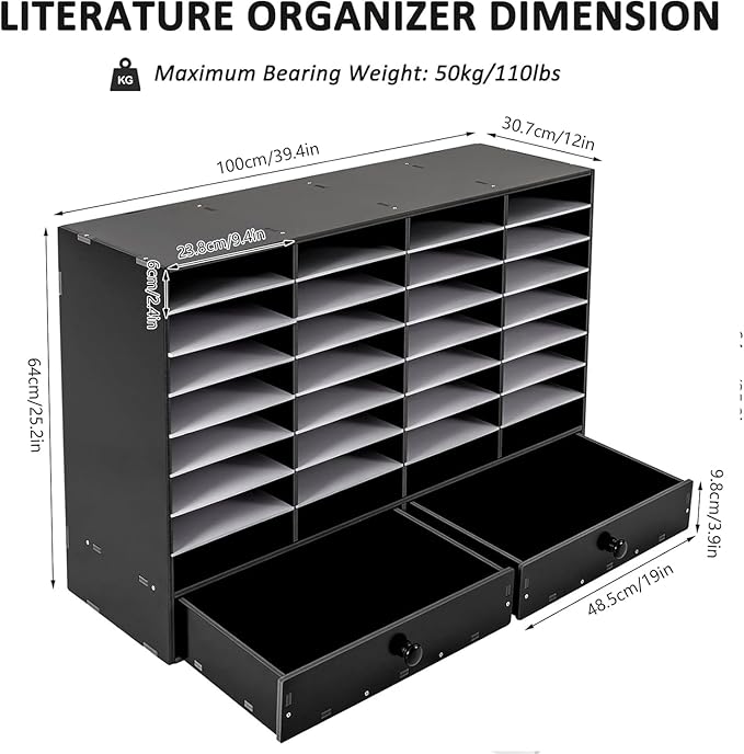 LOYALHEARTDY Literature Organizer,32 Compartment Office Mailbox with 2 Drawers,Paper and Mail Organizer,Paper Storage Cabinet Mail Organizer,39.4 X 12 X 25.2''Desktop File Sorter for Home&Office,Black