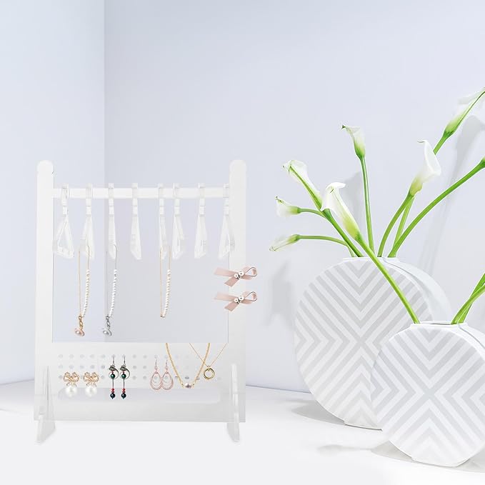 Acrylic Jewelry Organizer Stand 8 Clothes Hangers, Earring and Necklace Holder Rack for Jewelry Storage and Display, Tabletop Accessory Organizer for Women
