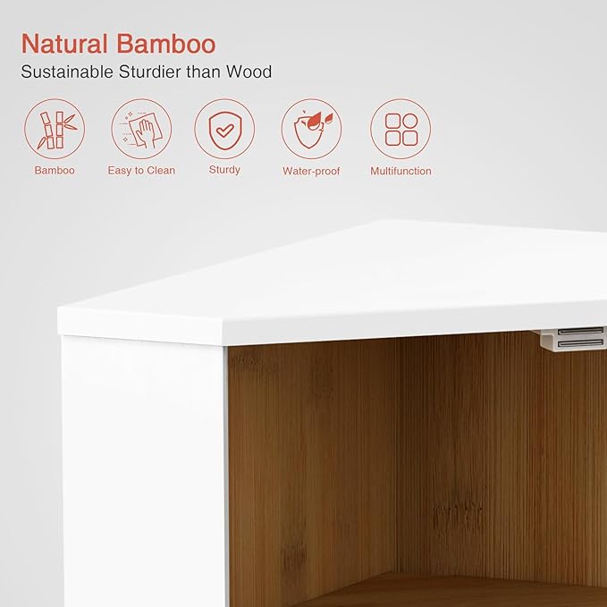 White Corner Bread Box for Kitchen Countertop, 2 Tier Breadbox for Sourdough Loaf, Modern Bread Storage Container for Island Counter Top Organizer, Cabinet Cupboard Pantry Shelf (Bamboo Wood)
