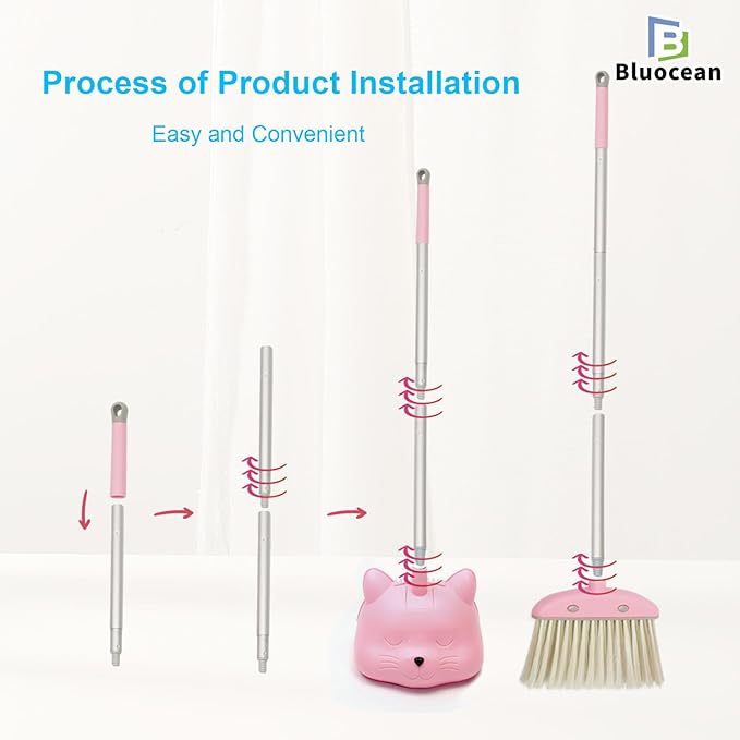 28'' Kids Mini Broom and Dustpan Set - Toddler Cleaning Toy, Toddler Household Helper, Parent-Child Interactive Play Cleaning Tool, Cute Cartoon Design, Small Safe Corner Broom (Pink Puff)