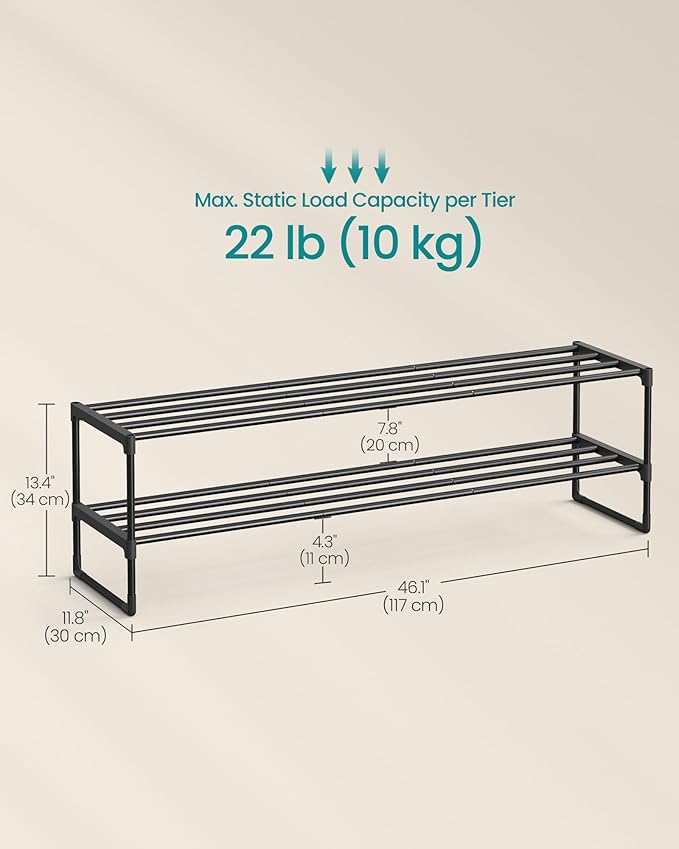 SONGMICS Shoe Rack, 2-Tier Shoe Organizer, Metal Storage Shelf, Upright or Upside Down, for 15-18 Pairs, Stackable, for Entryway, 11.8 x 46.1 x 13.4 Inches, Black ULSA032B01