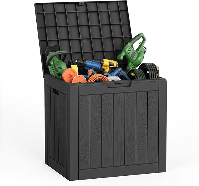 35 Gallon Outdoor Deck Box,Waterproof Resin Outdoor Storage Boxes, Outside Storage Lockable Container for Garden Tools,Indooor Cushions,Accessories (Black)