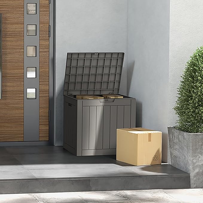 Mars Villa 31 Gallon Deck Box, Waterproof Weatherproof and UV Resistant Resin Storage Bin with Lockable Lid, for Outdoor Patio Furniture Cushions, Pool Supplies, Garden Tools, Greige