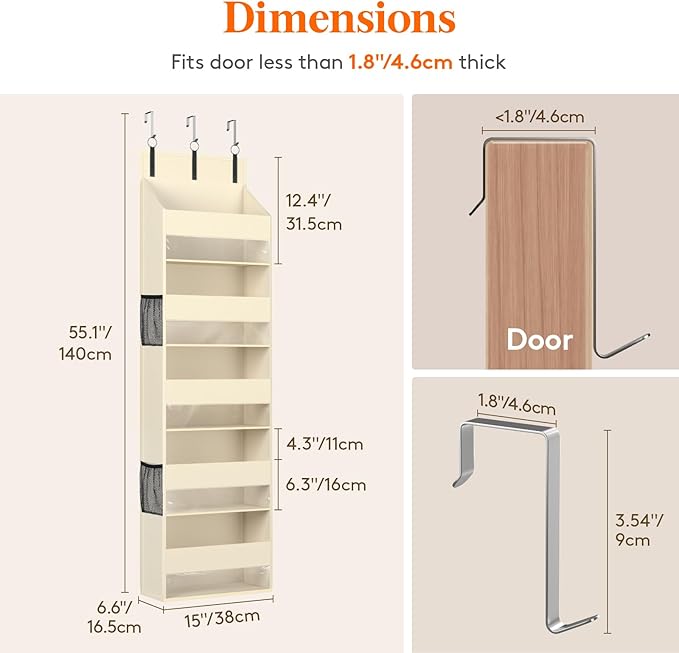 Lifewit 1 Pack Over the Door Organizer, Clear Window Hanging Storage with 4 Mesh Side Pockets, Anti Tilt 40 lbs Load Behind Door for Pantry, Nursery, Bathroom, Bedroom, Dorm, 5 Section, Beige