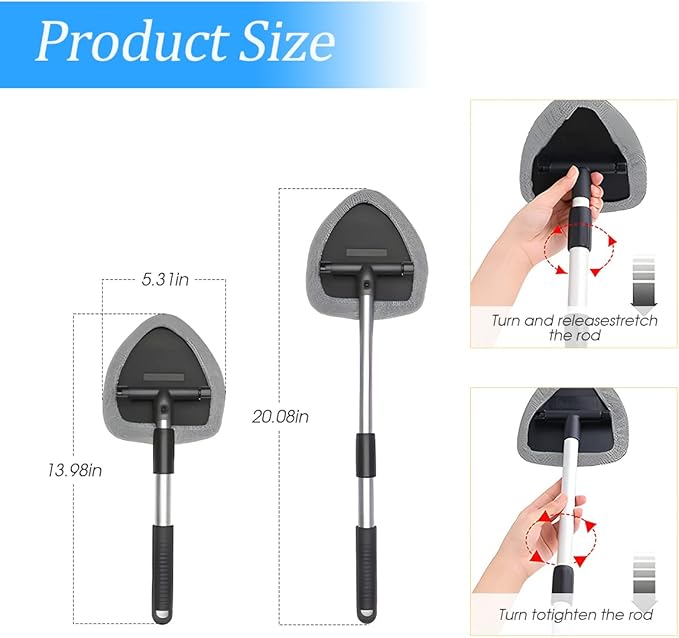Windshield Cleaning Tool, Car Window Cleaner with Extendable Long Handle and 4 Washable Reusable Microfiber Pads, Auto Interior Exterior Glass Wiper Cleaning Kit Universal for Office and Home (Gray)
