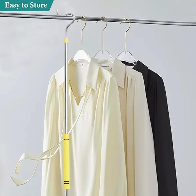 Clothes Hook Pole, Clothes Hanger Reaching Hook for Hanging Clothes Light and Plants Extendable from 35" to 50" Made of Stainless Steel Tube with Sponge Handle (51inch)
