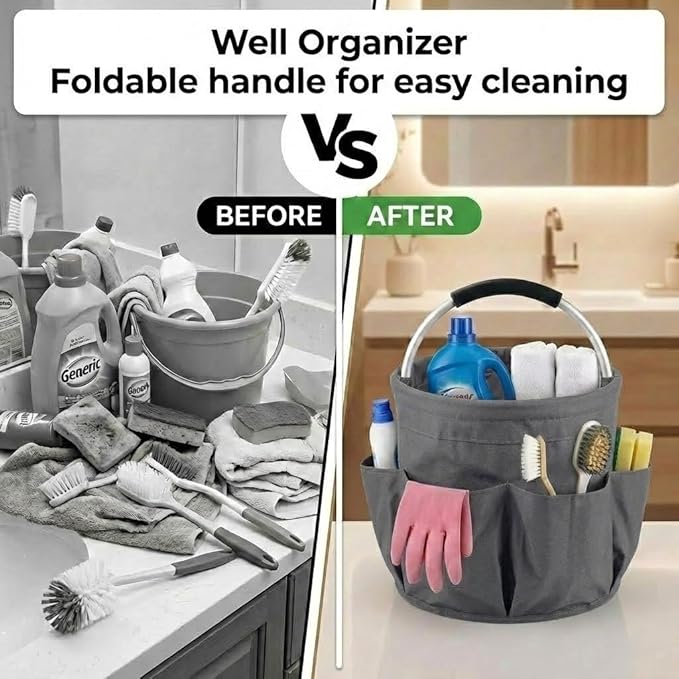 Multifunctional 17L Cleaning Caddy,Foldable 600D Organizer Bag with EVA Grip and 6 Pockets,Portable Storage Tote for Housekeeping,Car Detailing,Garden,Bathroom and Dorm (gray)