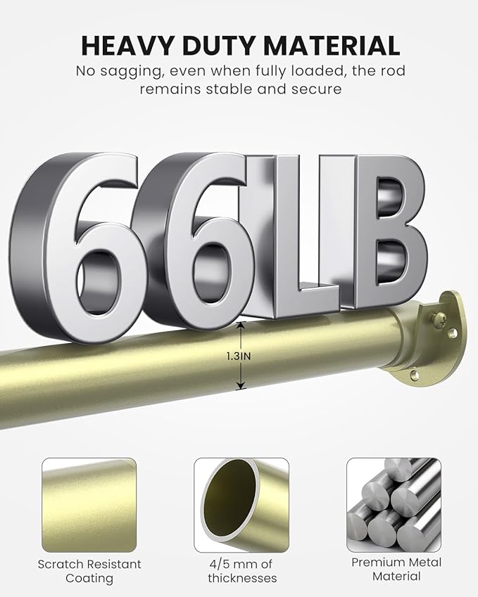 Closet Rods for Hanging Clothes, 17 to 69 Inches Stepless Adjustable Metal Closet Rod, 1.3 Inches Heavy Duty Clothes Hanging Rod for Closet Wardrobes Laundry RV, Verdant Gold