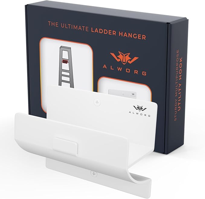 White Ladder Hooks for Garage Wall - Step Ladder Holder Wall Mount - Step Stool Garage Wall Hanger