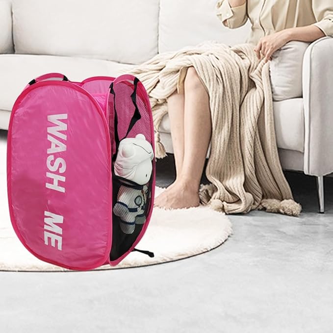 Collapsible Laundry Hamper 2 pack Mesh Pop Up Laundry Hamper with Handles, Foldable Laundry Basket for Bedroom, College Dorm, RV, Travel (Pink + Sky Blue)
