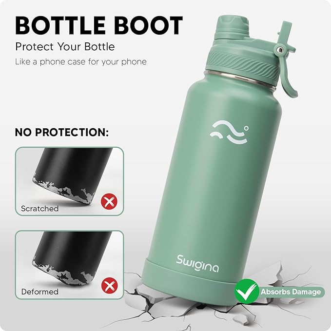 [2-IN-1 LID] Insulated Water Bottle with Silicone Boot (36hrs Cold/18hrs Hot) - DIY Stickers, Leakproof, BPA Free, 32 oz