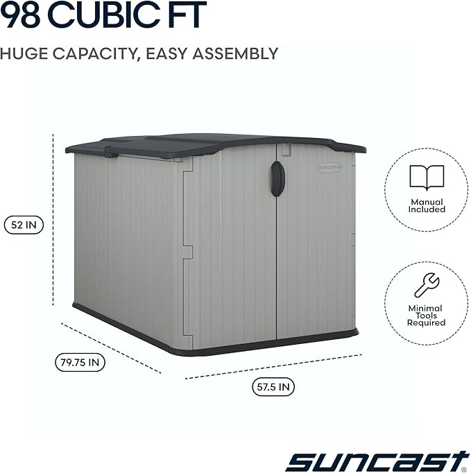 Suncast 138 Cu Ft Horizontal Outdoor Storage Shed, 57.5"x79.75"x52" Glidetop Outdoor Shed with Sliding Lid, Resin Storage Sheds with Floor for Bikes, Motorcycles, & Lawn Mower, Made in The USA