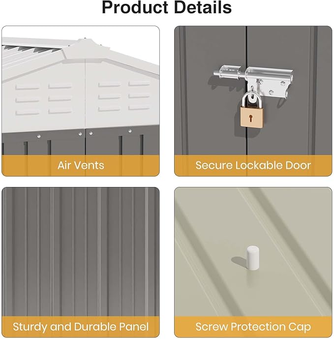 Patiowell 6x4 FT Storage Shed, Outdoor Metal Sheds with Lockable Door and Sloping Roof, Waterproof Outside Utility Garden Tool Shed with Breathable Vents for Patio Lawn Backyard, Gray