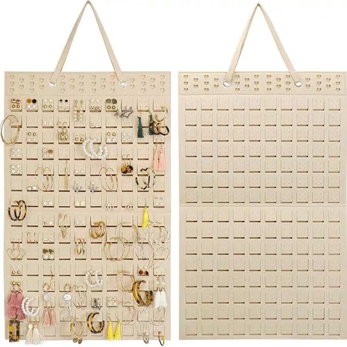 Hanging Earrings Organizer & Holder 20 Hooks, Holds Up To 300 Pairs, Compact Design, Soft Material, Earring Hanger & Display for Women & Girls,1 Pack (Beige, 22.5 * 13.6 inches)