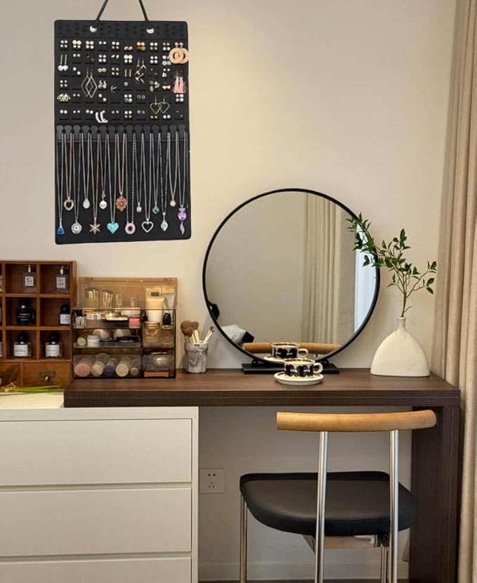 Hanging Jewelry Earrings Necklaces Holder For Women Large Capacity Wall Mounted Earring Bracelet Brooch Sunglasses Organizer (Black Earring Necklaces Holder)