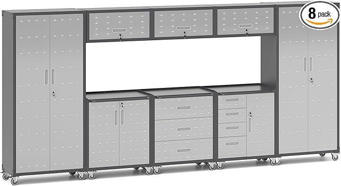 Garage Storage Cabinets System 8 PCS Workshop Set with Drawers Locking Heavy Duty Rolling Cart with Adjustable Shelves Garage Tool Workbench Cabinets (8 PCS)