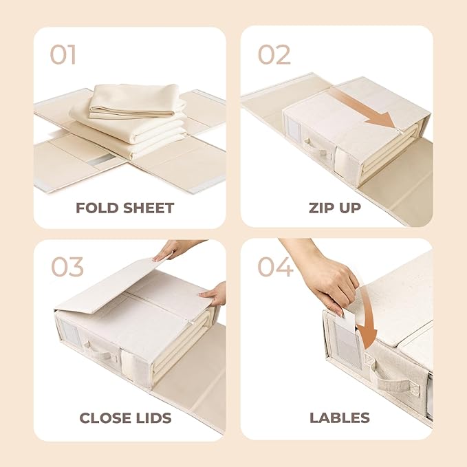 8Pack Linen Sheet Organizers for Linen Closet - King/Queen Size Bedding Storage Boxes with Clear Window | Foldable, Dustproof Sheet Storage Organizer for Blankets & Sheet Sets,Off-white