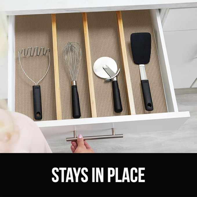 GORILLA GRIP powerGRIP Drawer Shelf and Cabinet Liner, Thick Strong Hold, Non-Adhesive Liners Protect Kitchen Cabinets and Cupboard, Bathroom Drawers, Easy Install, Breathable Mat, 12" x30', Beige