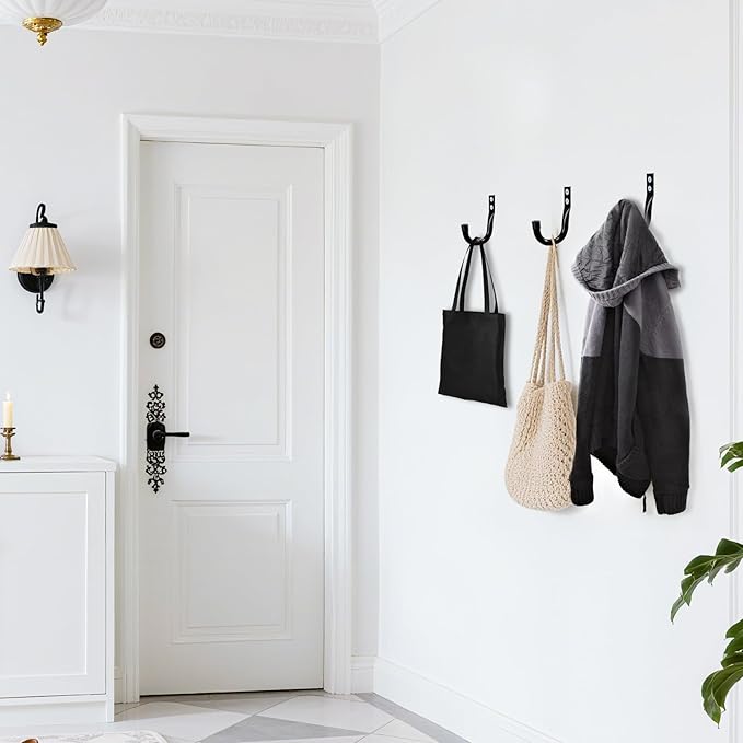 KURUI Metal Wall Hooks for Hanging Heavy Duty, 6Pcs Garage Organization and Storage Hook for Extension Cord Tool Coat Backpack Bag, Large Utility J Hooks, Black Wall Mount Hanges for Outdoor Indoor